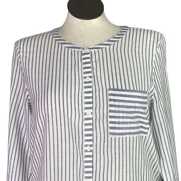 J Jill Fit Top Women L Gray White Cotton Stripe Roll Tab Sleeve High Low Tunic - Picture 2 of 11